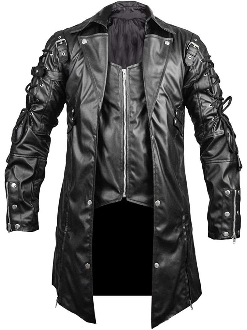Herren Lederjacke Mittellang - Herbst/Winter Gothic Punk Mittelalterliches Kostüm XL schwarz von Joom DACH