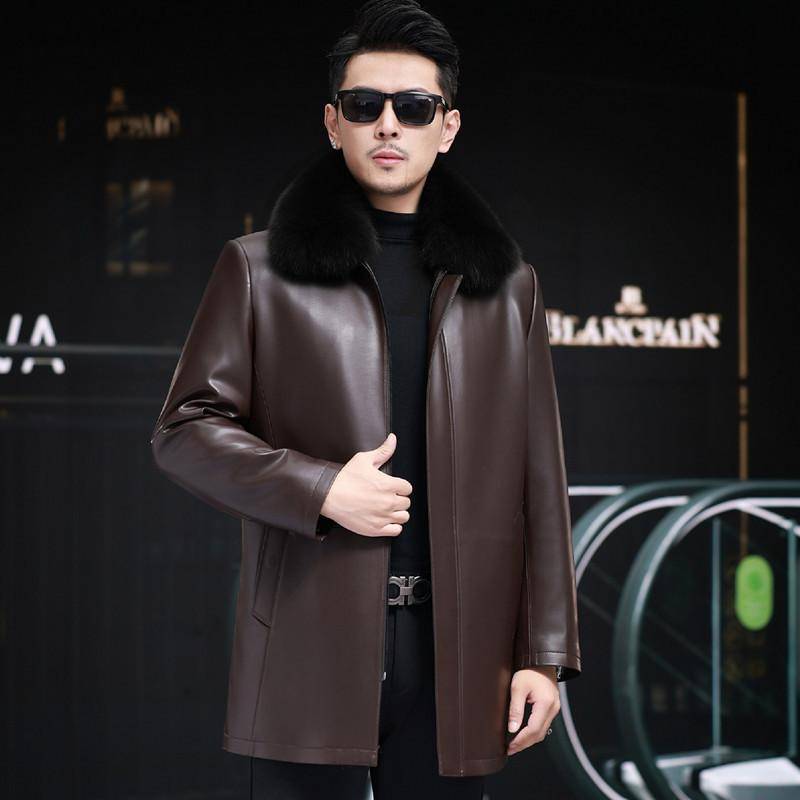 Herren Lederjacke Mittleren Alters und Ältere Große Größe Leder Daunenjacke Mittel und Lang Dicken Mantel Papa XL von Joom DACH