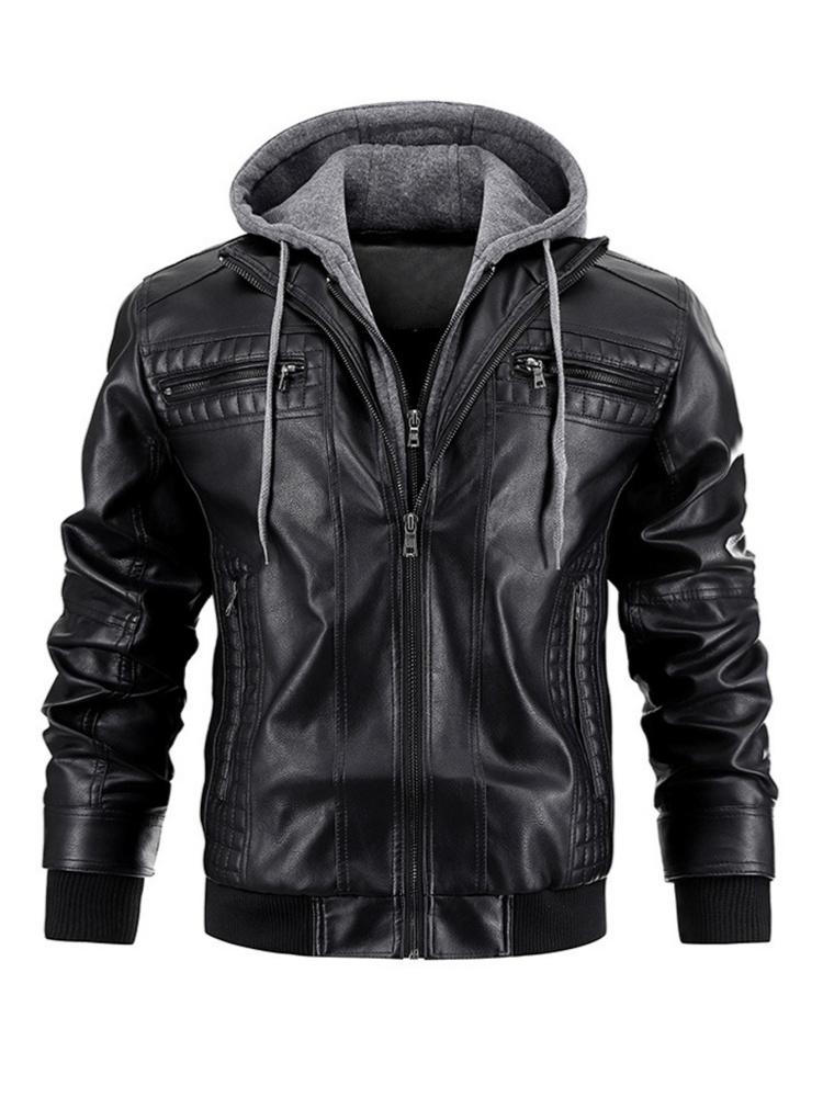 Herren Lederjacke Motorrad Slim Fit Kapuze PU Mantel Top Herbst Winter Casual Winddichte Herrenbekleidung M schwarz von Joom DACH