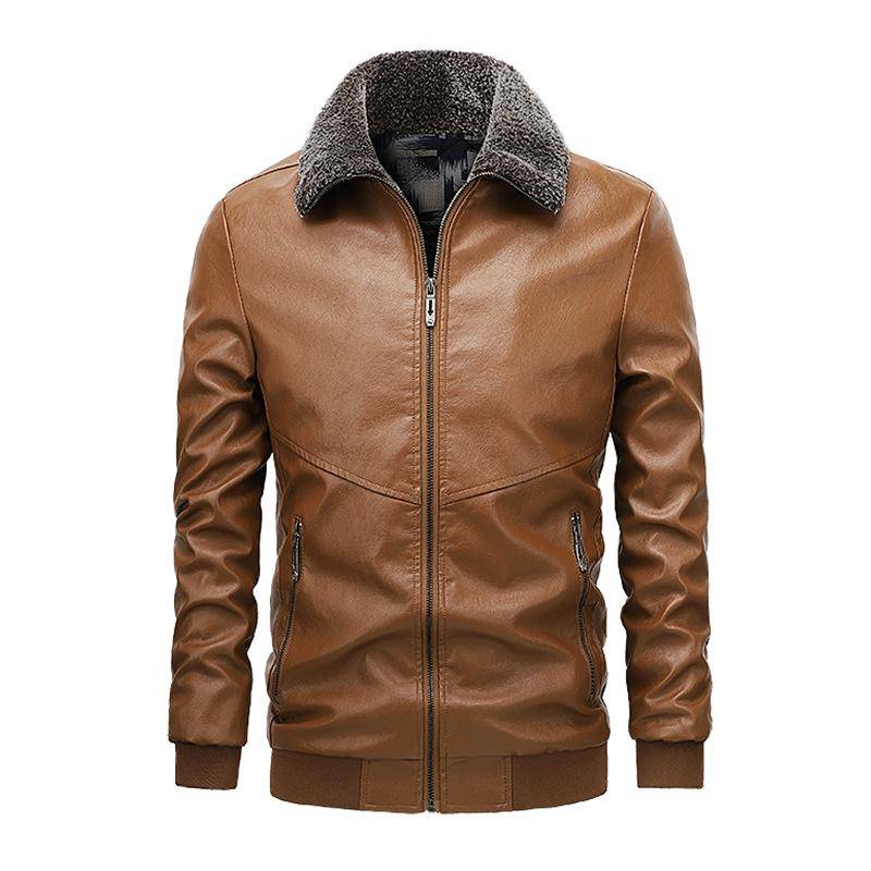 Herren Lederjacke mit Pelzkragen, Herren Trendy Verdickte Samt Revers Lederjacke, Wintermantel, Schlanke Motorrad Herren 5XL von Joom DACH