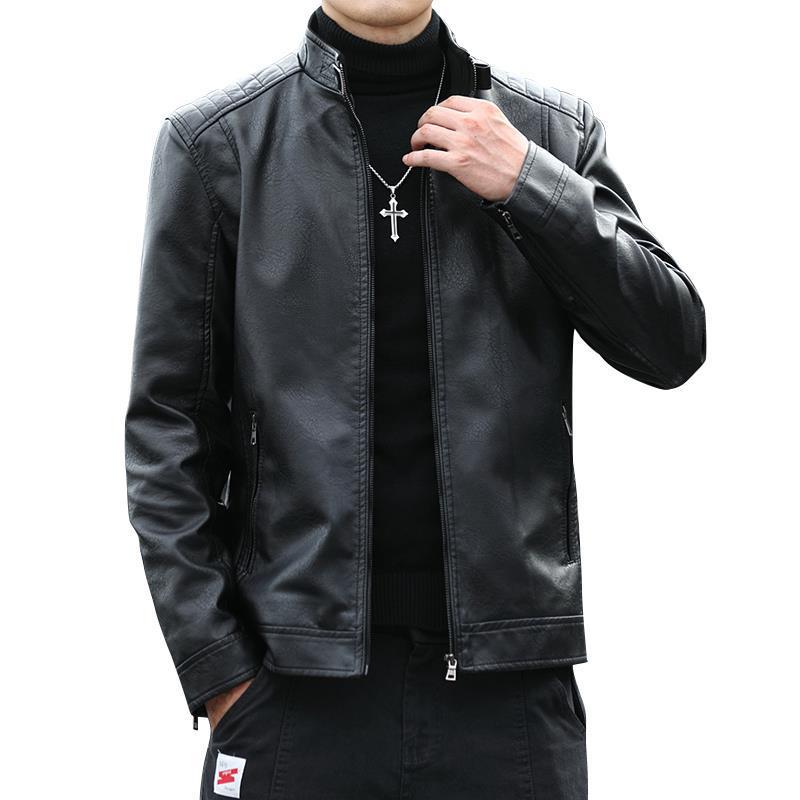 Herren Ledermantel Frühling und Herbst Neue Motorradjacke Stehkragen Herrenjacke Trendige Kurze Lederjacke Fleece-Lederjacke M von Joom DACH