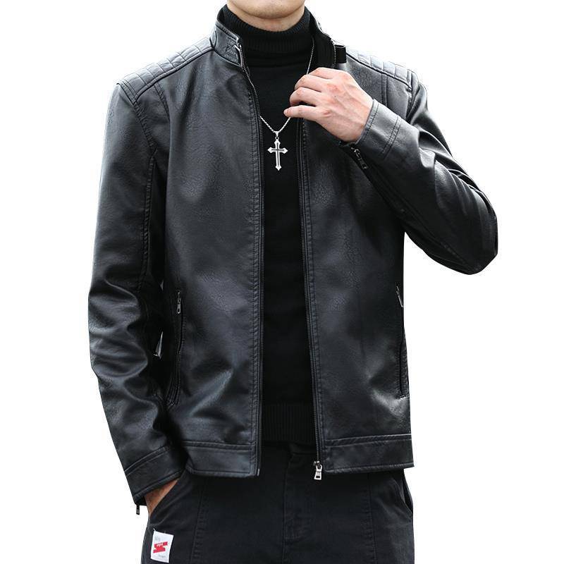 Herren Ledermantel Frühling und Herbst Neue Motorradjacke Stehkragen Herrenjacke Trendige Kurze Lederjacke Fleece-Lederjacke M von Joom DACH