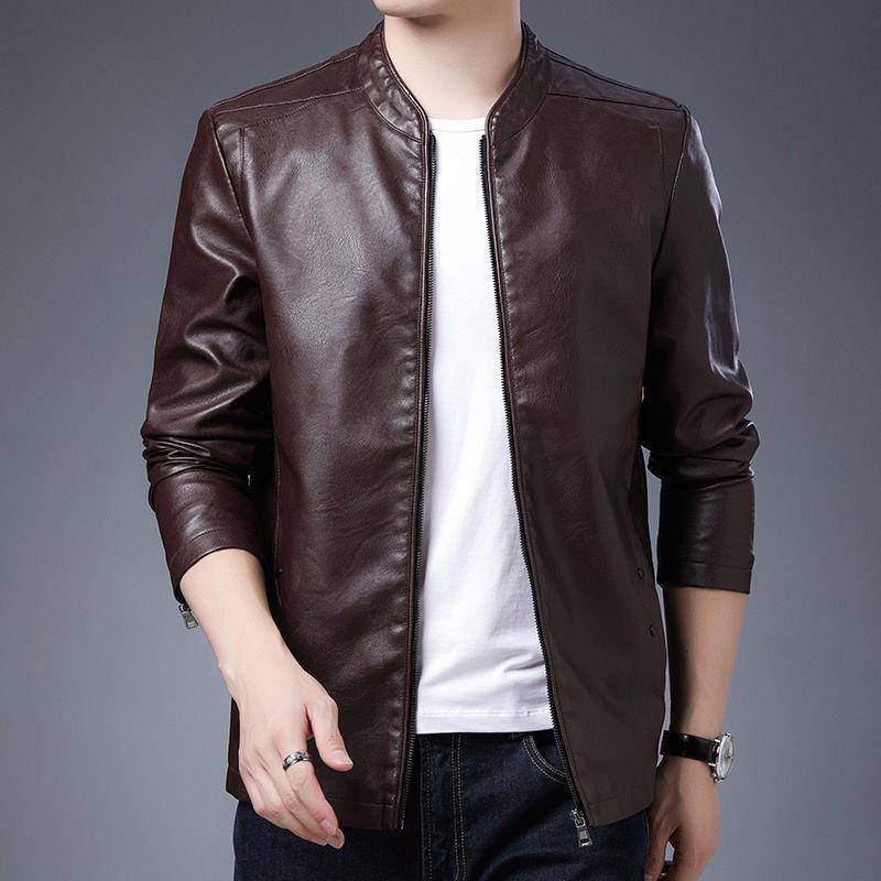 Herren Ledermantel Herren Frühling und Herbst Koreanischer Stil Slim Fit Trendy Hübsch Herbst und Winter Fleece Biker PU Lederjacke 2XL von Joom DACH