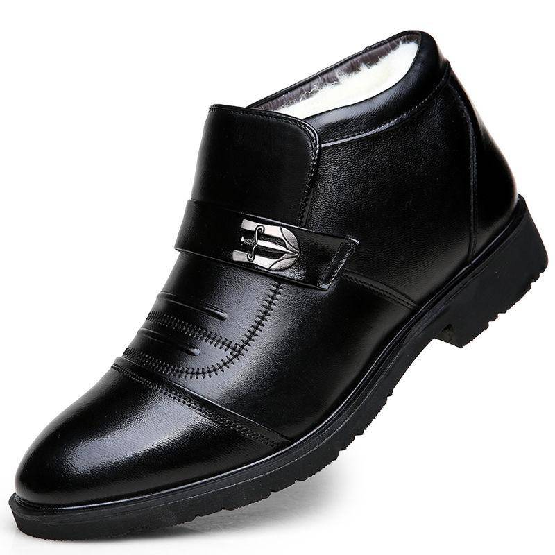 Herren Lederschuhe Niedriger Absatz Kunstleder Weiches Plüsch Warm Spitz Zehen Flache Slip-on Business Schuhe Stiefeletten 38 schwarz von Joom DACH
