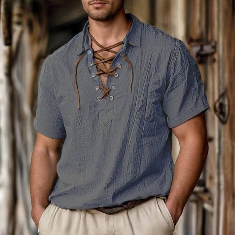 Herren Leinenhemden Lang- und Kurzarm Schnürung V-Ausschnitt Lässige Bluse Frühling Sommer Dünne Vorderseite T-Shirts Tops Atmungsaktive Herrenbekleidung XL grau von Joom DACH