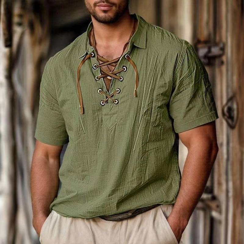 Herren Leinenhemden Lang- und Kurzarm Schnürung V-Ausschnitt Lässige Bluse Frühling Sommer Dünne Vorderseite T-Shirts Tops Atmungsaktive Herrenbekleidung XXXL grün von Joom DACH