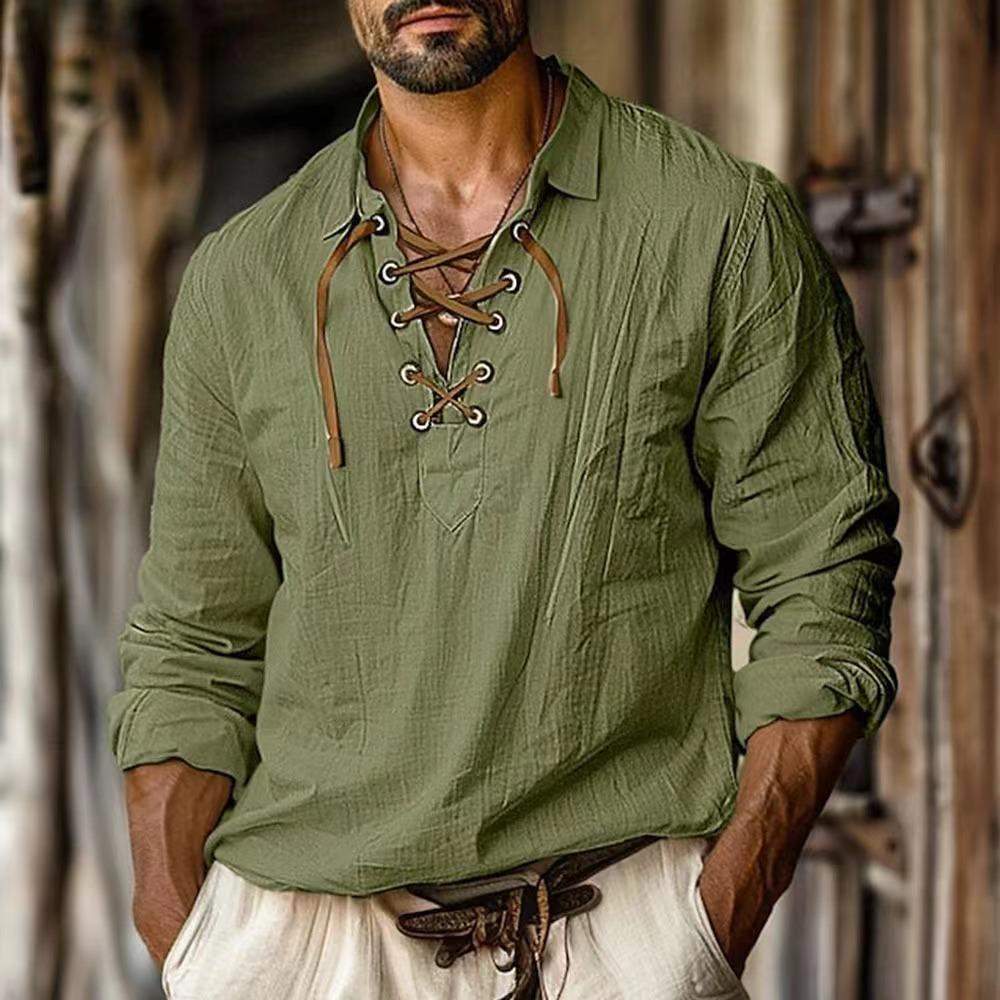 Herren Leinenhemden Lang- und Kurzarm Schnürung V-Ausschnitt Lässige Bluse Frühling Sommer Dünne Vorderseite T-Shirts Tops Atmungsaktive Herrenbekleidung XXXL armee grüne von Joom DACH