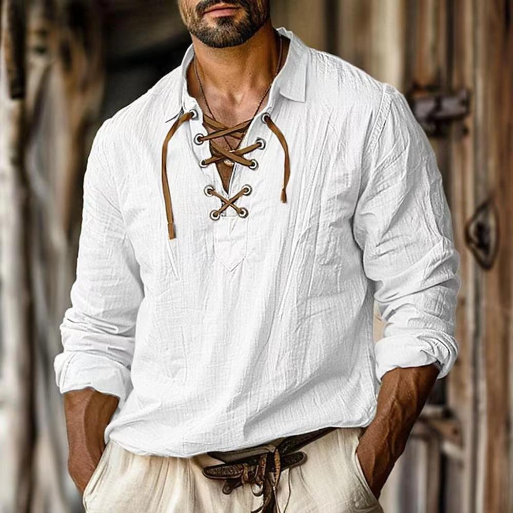 Herren Leinenhemden Langarm Schnürung V-Ausschnitt Freizeitbluse Frühling Sommer Dünn Vorne T-Shirts Tops Atmungsaktive Herrenbekleidung XXL weiß von Joom DACH