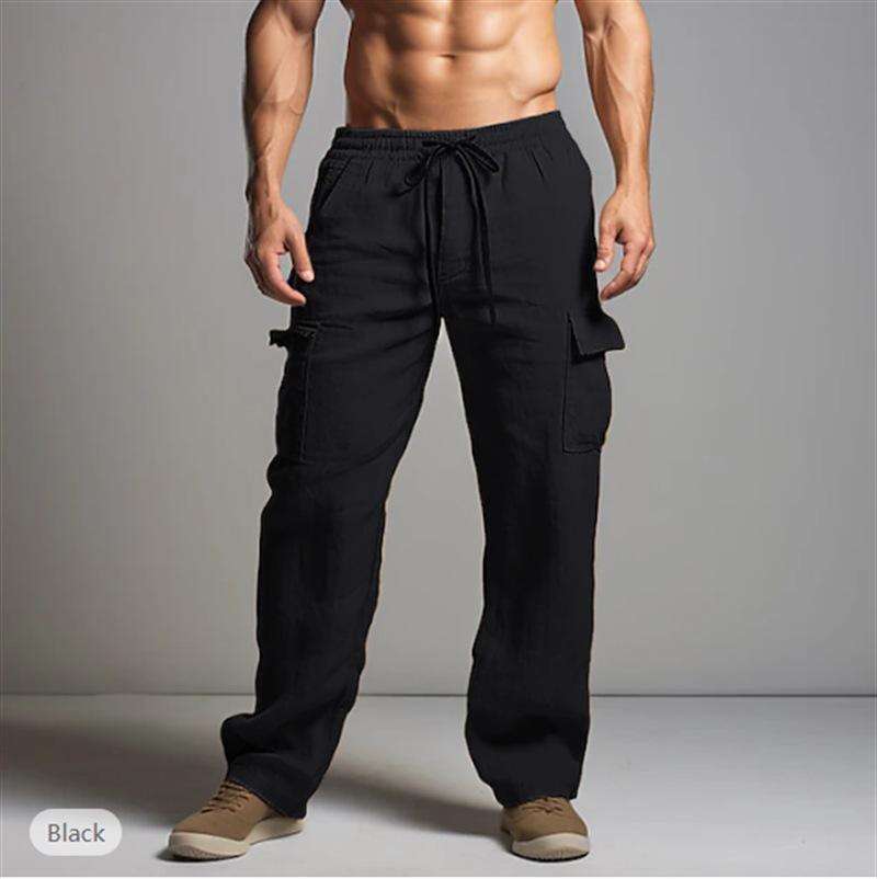 Herren Leinenhose, lässig, locker, leicht, mit Kordelzug, elastischer Bund, Sommer, Yoga, Strand, gerade Hose für Männer, atmungsaktive Hose mit Taschen XL schwarz von Joom DACH