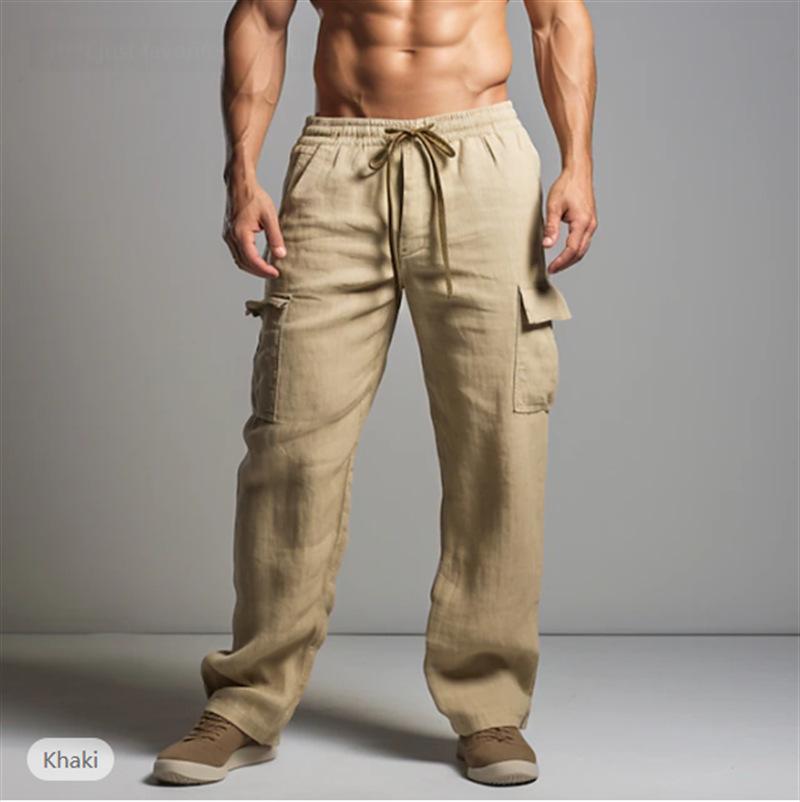 Herren Leinenhose, lässig, locker, leicht, mit Kordelzug, elastischer Bund, Sommer, Yoga, Strand, gerade Hose für Männer, atmungsaktive Hose mit Taschen XXXL khaki von Joom DACH