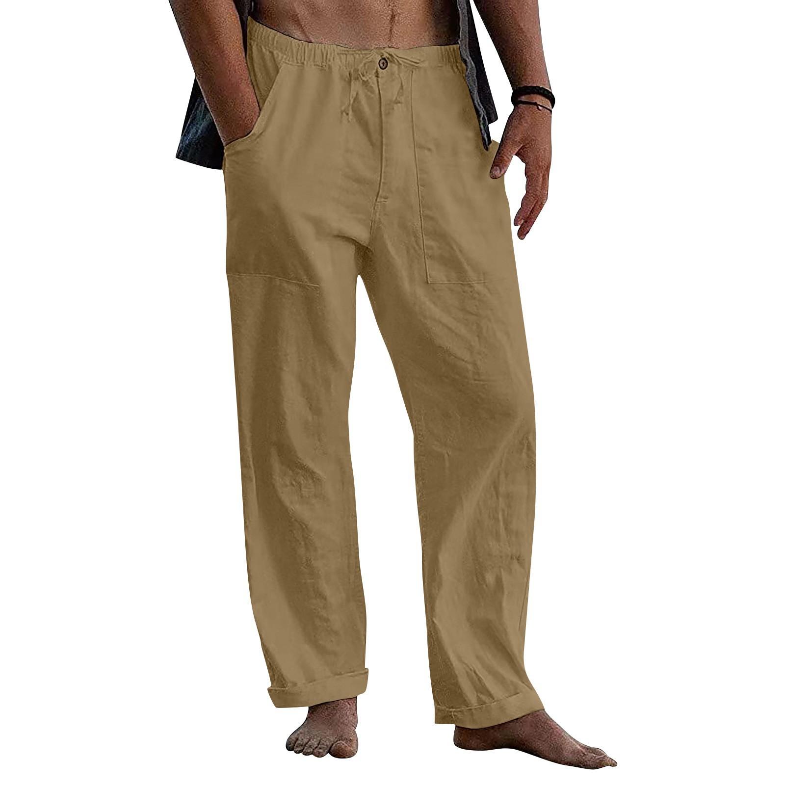 Herren-Leinenhose, locker, lässig, Sommer, Stretch-Taille, Kordelzug, lockere Hose XL von Joom DACH