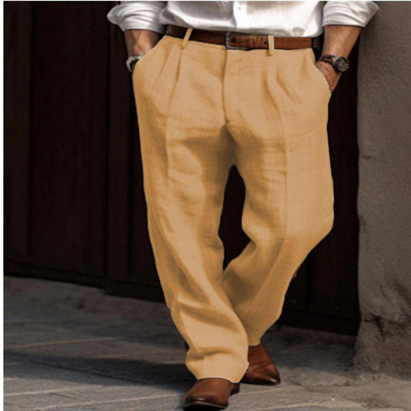 Herren Leinenhose Doppelfalten Vordertaschen Gerades Bein Uni Bequem Atmungsaktiv Freizeit Urlaub Mischung Mode 2XL khaki von Joom DACH