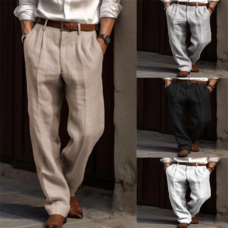 Herren Leinenhose Doppelt Falten Vordertaschen Gerade Röhre Einfarbig Bequem Atmungsaktiv Freizeit Urlaub Baumwollmischung Mode XL licht grau von Joom DACH