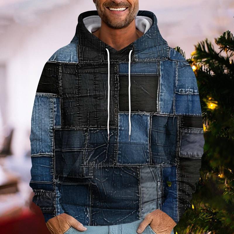 Herren Locker Ethnisch Imitation Denim Patchwork 3D Gedrucktes Kapuzensweatshirt Lässig Mode Sport Sweatshirt XXXXXL schwarz von Joom DACH