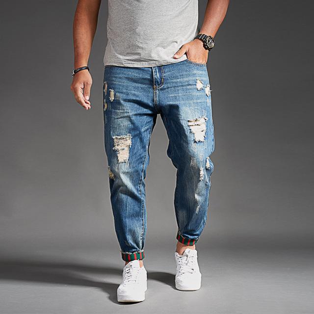 Herren Löcher Jeans Denim Hosen Streetwear Mode Füße Zerrissene Jeans Distressed Slim Fit Denim Hosen 32 blau von Joom DACH