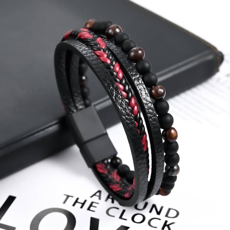 Herren Mehrschichtiges Geflochtenes Armband mit Naturstein- und Lederperlen von Joom DACH