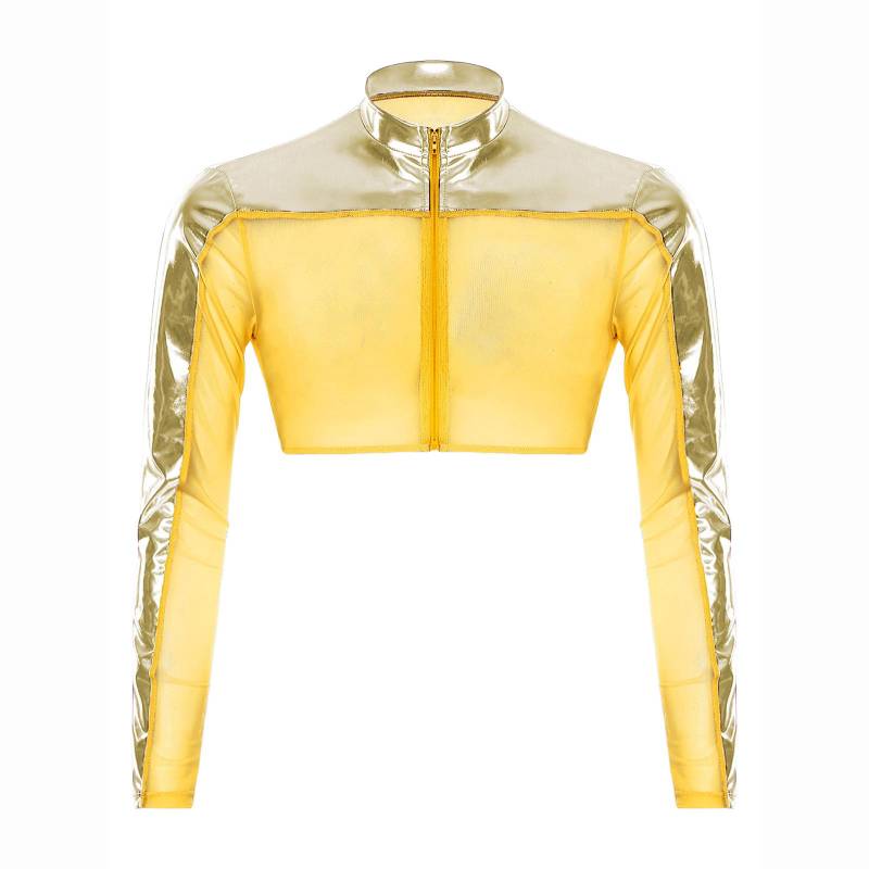 Herren Mesh Durchsichtiges Oberteil Rundhals Langarm Reißverschluss vorne Halbes Hemd Atmungsaktiv Metallic Club-Oberteil S gold von Joom DACH