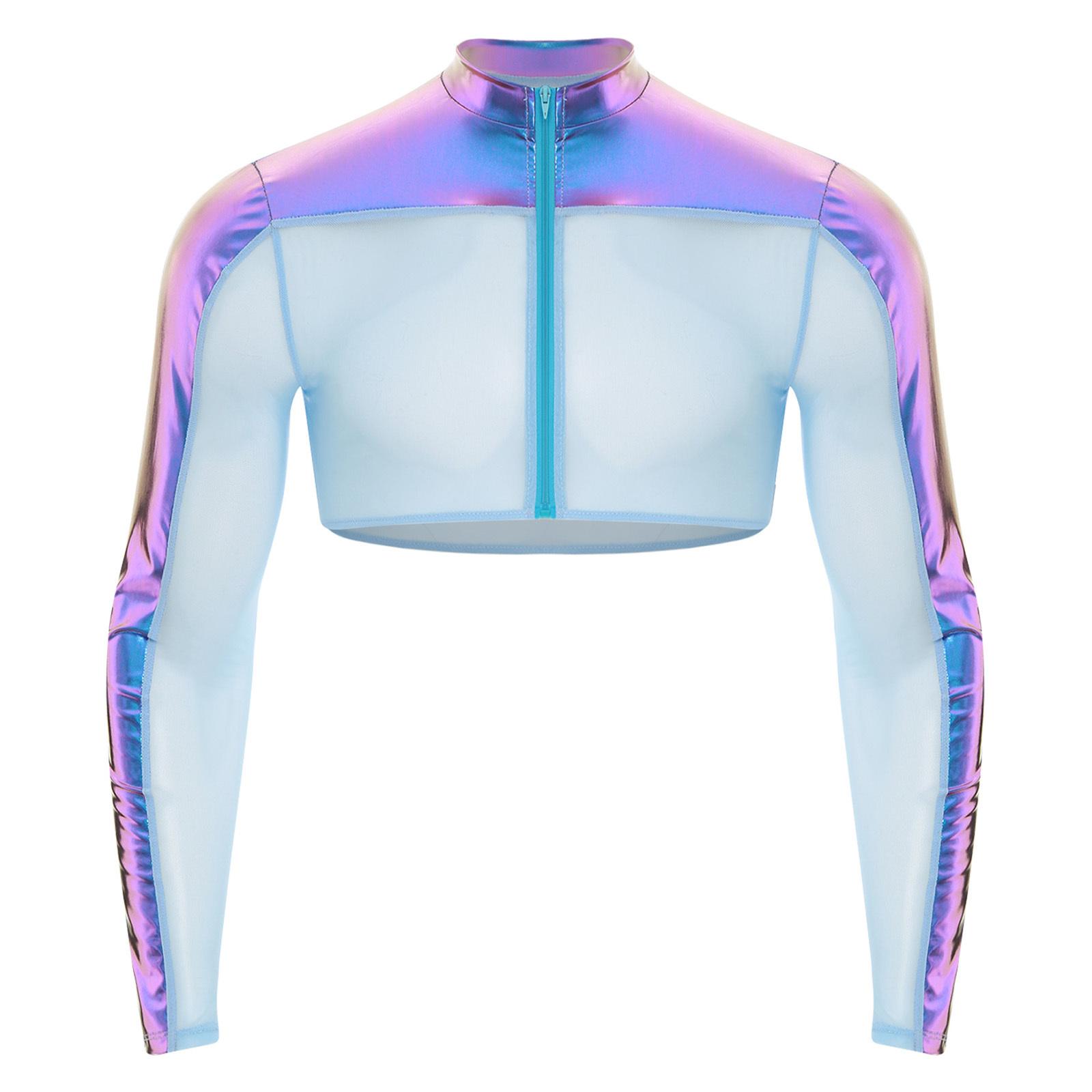 Herren Mesh Durchsichtiges Oberteil Rundhals Langarm Reißverschluss vorne Halbes Hemd Atmungsaktiv Metallic Club-Oberteil S blau von Joom DACH