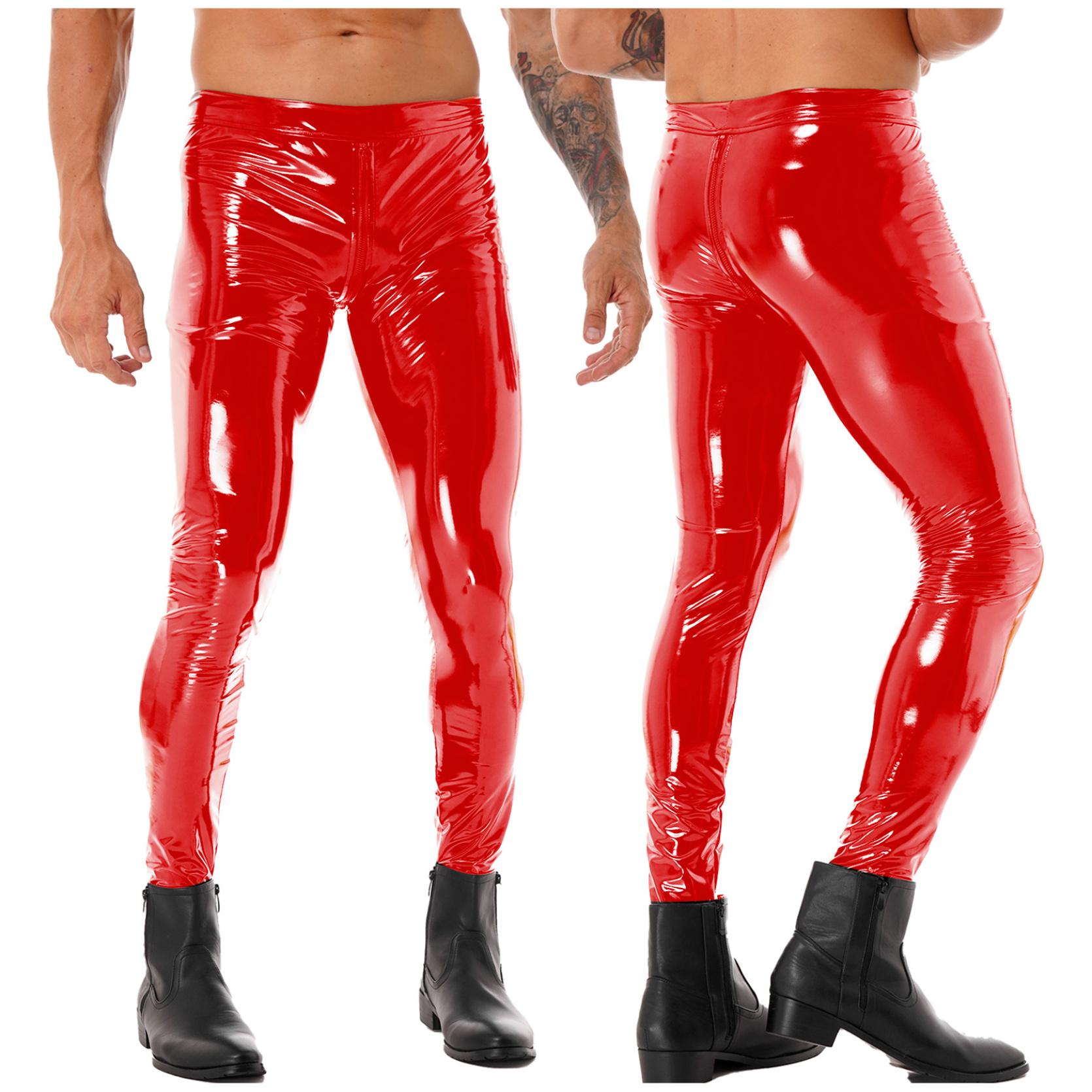 Herren Motobiker Skinny Hosen Zwei-Wege-Reißverschluss im Schritt Hosen Männliche Leggings Motorrad Party Strumpfhosen Hosen Lackleder Clubwear 4XL rot von Joom DACH