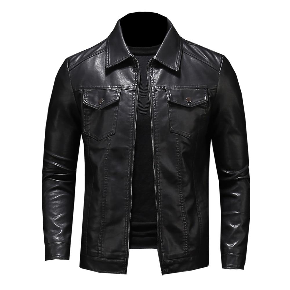 Herren Motorrad Lederjacke Große Tasche Schwarz Reißverschluss Revers Slim Fit Männlich Frühling und Herbst Hochwertiger PU-Mantel L schwarz von Joom DACH