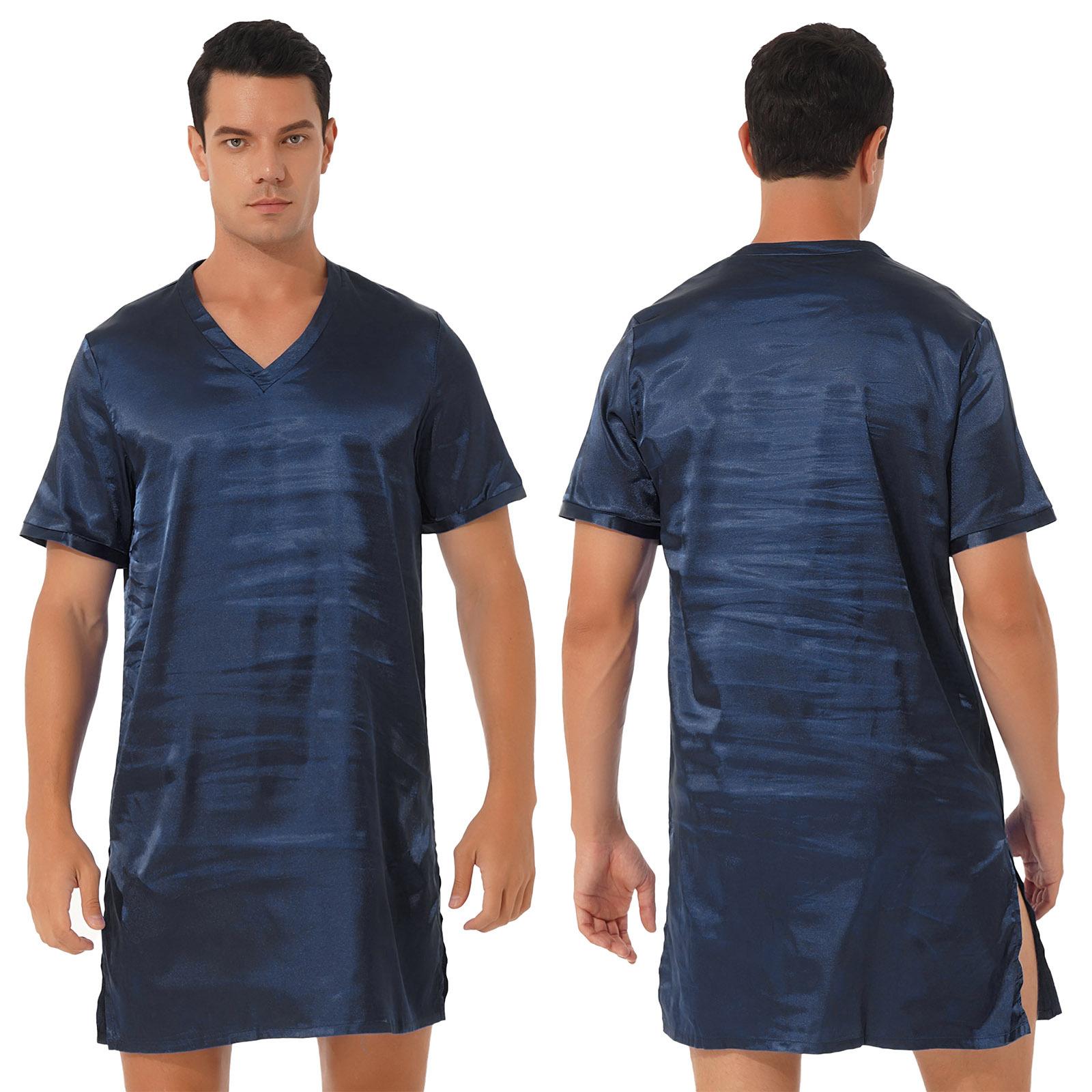 Herren-Nachthemd aus Satin, V-Ausschnitt, kurzärmelig, Nachtwäsche, Nachtwäsche, Homewear, Nachthemd, Pyjama L navy blau von Joom DACH
