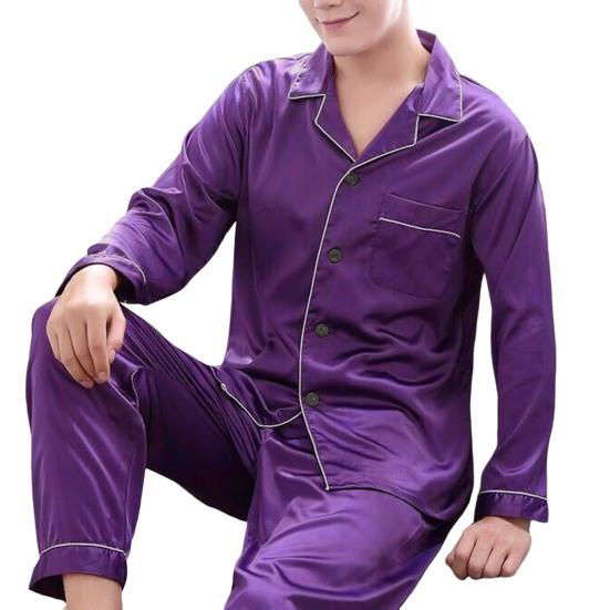 Herren-Nachtwäsche-Set, langärmelig, zum Schlafen, waschbar, entspannte Passform, Umlegekragen, Pyjama-Set für Schlafzimmer 3XL violett von Joom DACH