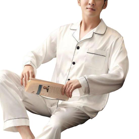 Herren-Nachtwäsche-Set, langärmelig, zum Schlafen, waschbar, entspannte Passform, Umlegekragen, Pyjama-Set für Schlafzimmer XL weiß von Joom DACH