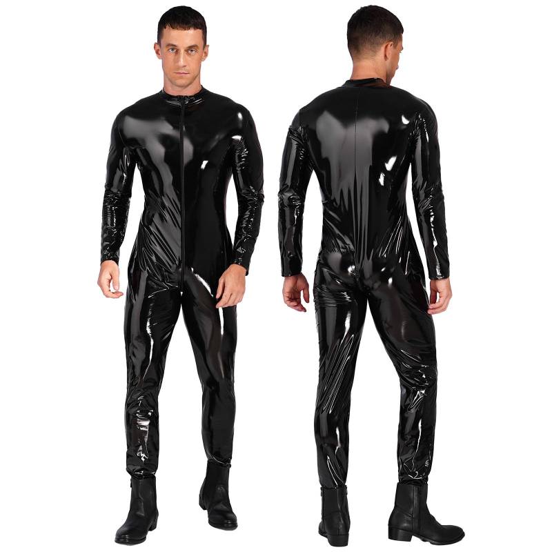 Herren-Overall aus glänzendem Lackleder, Stehkragen, lange Ärmel, Reißverschluss, Body, Catsuit XL schwarz von Joom DACH