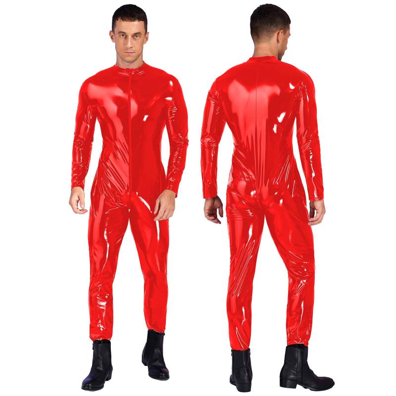 Herren-Overall aus glänzendem Lackleder, Stehkragen, lange Ärmel, Reißverschluss, Body, Catsuit XL rot von Joom DACH