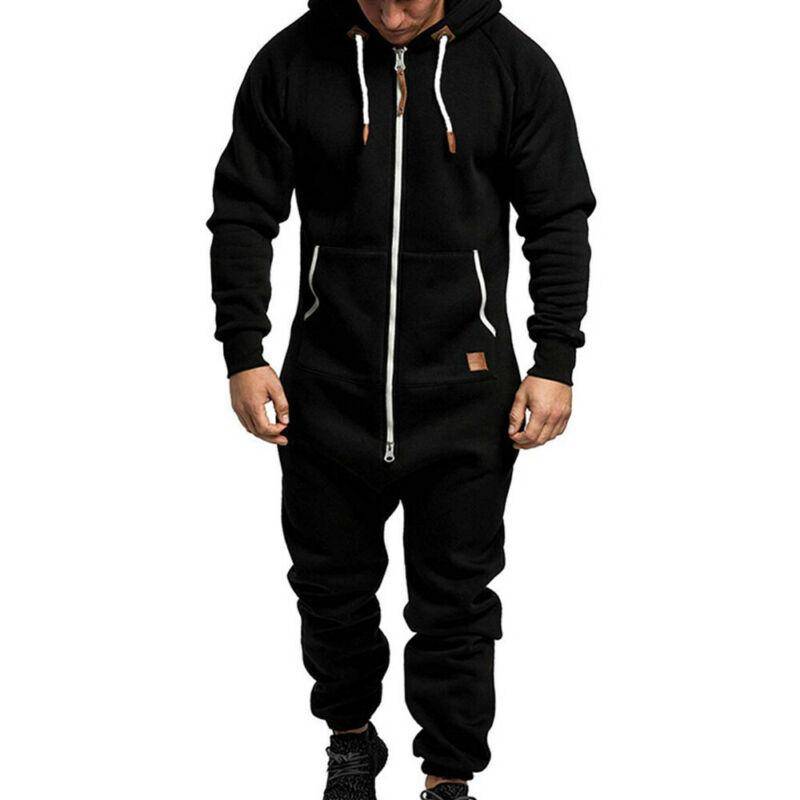 Herren-Overall mit Reißverschluss, Einteiler, Kapuzen-Overall, einfarbig, langärmelig, Winter, warm, lässiger Trainingsanzug L schwarz von Joom DACH