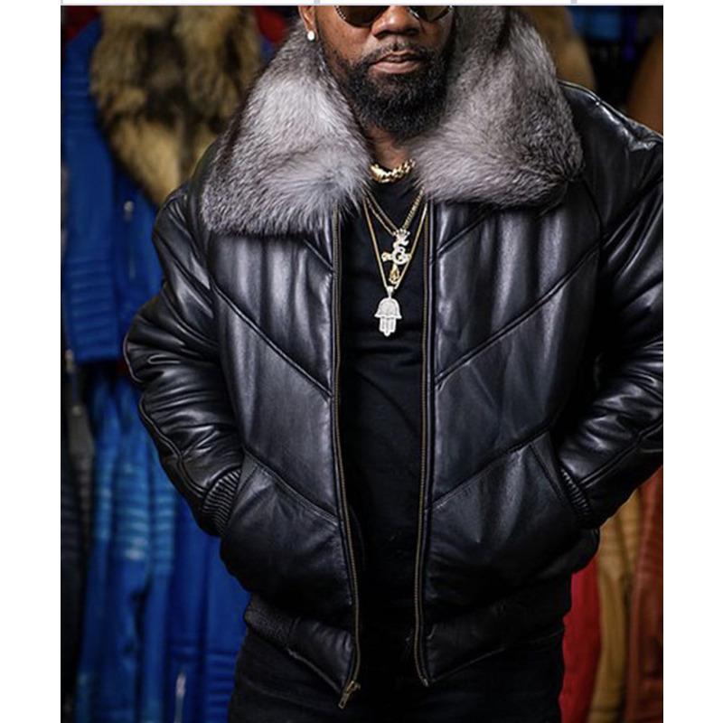 Herren PU Leder Kurzmantel Grau und Weiß Großer Pelzkragen Herrenmantel XL schwarz von Joom DACH