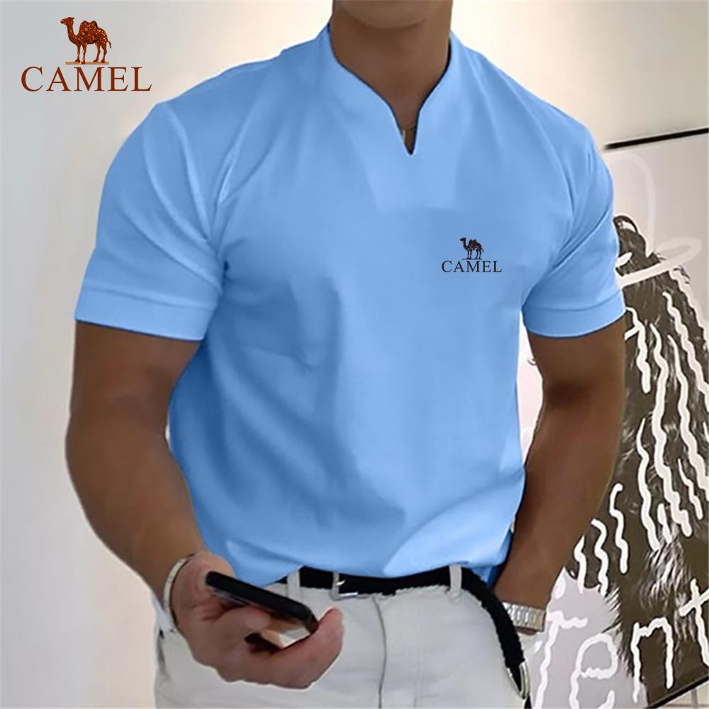 Herren-Poloshirt mit V-Ausschnitt, hochwertiger Baumwolle, bestickt, Frühling/Sommer, neues kurzärmeliges T-Shirt, lässig, sportlich, atmungsaktiv, kurz 5XL blau von Joom DACH