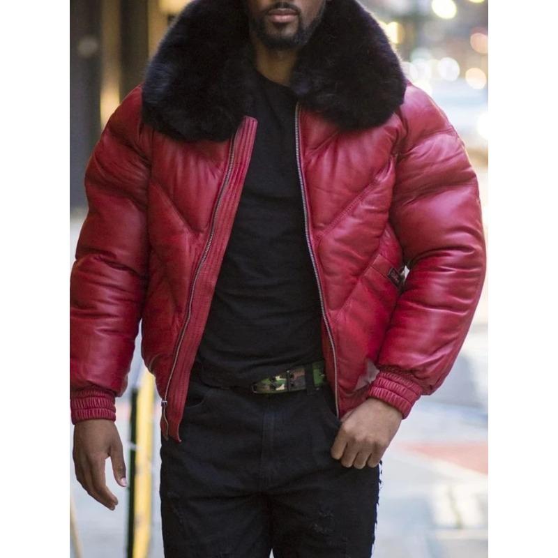Herren Pu Leder Großer Pelzkragen Kurzmantel Baumwolljacke Herrenjacke XL rot von Joom DACH