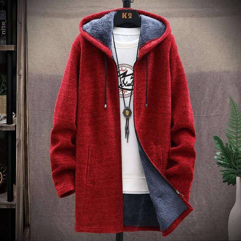 Herren Pullover Fleece Strickjacke Winterjacke Herren Slim Pullover Winter Langer Kapuzenpullover Dicker warmer Mantel Herrenbekleidung XL rot von Joom DACH