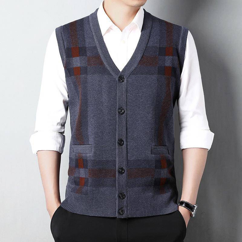 Herren Pullover Weste Herbst und Winter Stricken Neue ärmellose Strickjacke Business Farbe Mittleren Alters Echte Tasche Herrenmantel 3XL/125 von Joom DACH
