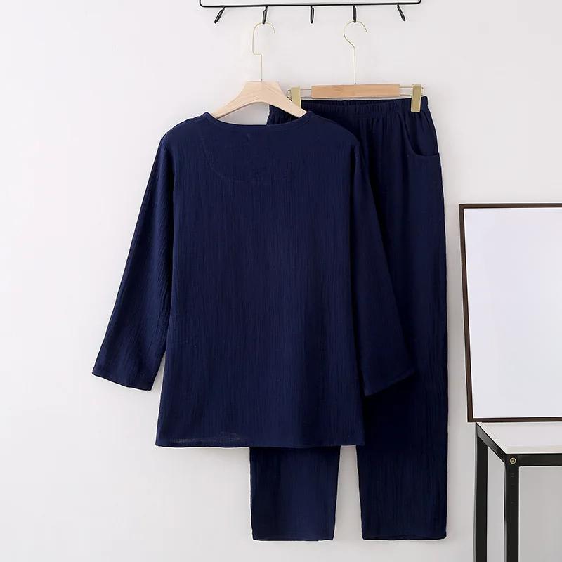 Herren-Pyjama-Anzug im neuen Stil für Frühling und Sommer, 100 % Baumwollkrepp, zwei Knöpfe, langärmelige Hose, zweiteiliger Freizeitanzug für zu Hause 3XL von Joom DACH