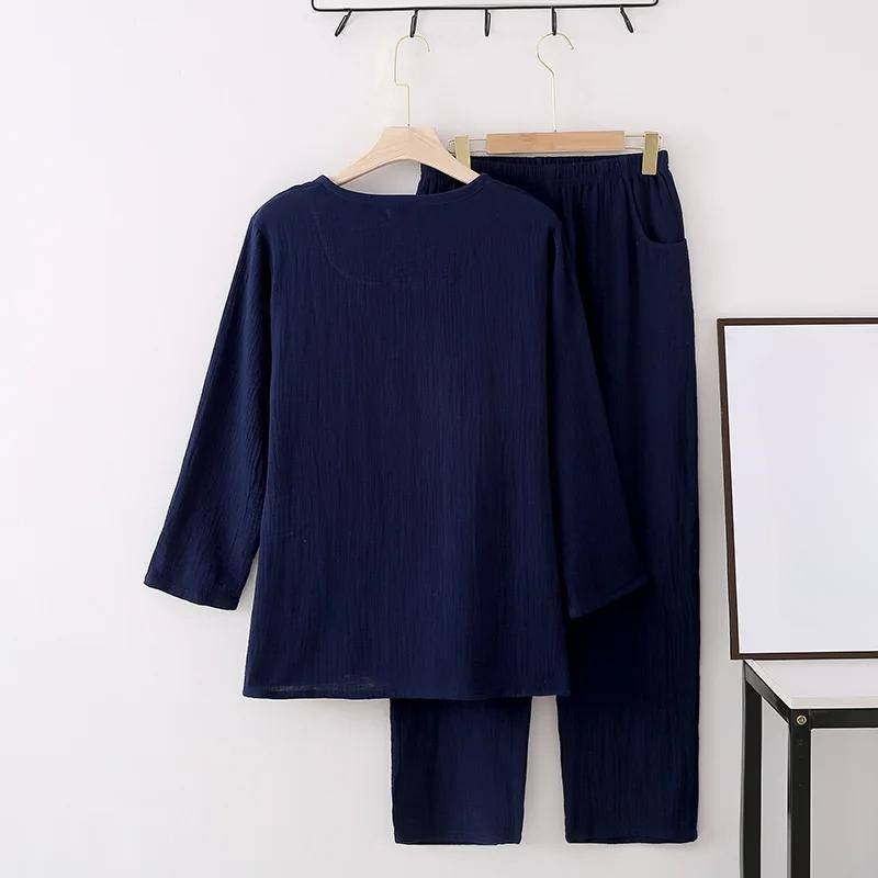 Herren-Pyjama-Anzug im neuen Stil für Frühling und Sommer, 100 % Baumwollkrepp, zwei Knöpfe, langärmelige Hose, zweiteiliger Freizeitanzug für zu Hause 3XL von Joom DACH