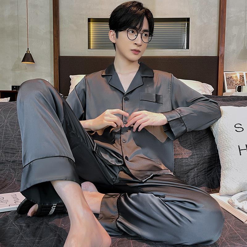 Herren Pyjama Herbst und Winter Langärmlig Lange Hose Seide Nachtwäsche Loungewear Jugend Cardigan Einfarbig Nachtwäsche Homewear L von Joom DACH