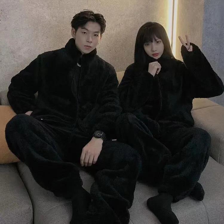 Herren Pyjama Set Winter Dicker Warmer Flanell Pyjama 2 Teile/Sets Langarm Nachtwäsche Homewear Lässiger Pijama L schwarz von Joom DACH