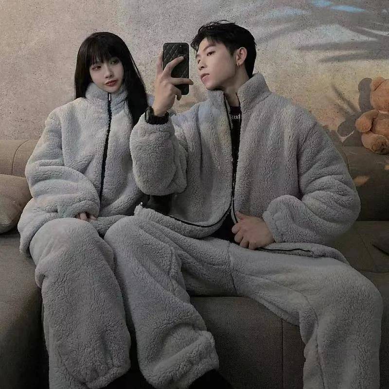 Herren Pyjama Set Winter Dicker Warmer Flanell Pyjama 2 Teile/Sets Langarm Nachtwäsche Homewear Lässiger Pijama XXL grau von Joom DACH