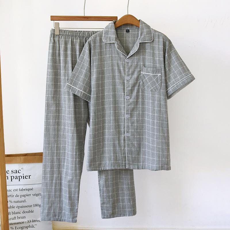 Herren-Pyjama-Set für Frühling und Sommer, 100 % Baumwolle, kariert, kurzärmelig + Hose, zweiteiliges Set für große Häuser XL grau von Joom DACH