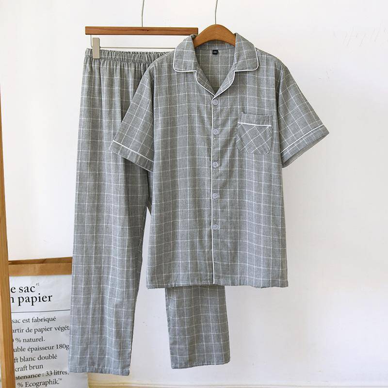 Herren-Pyjama-Set für Frühling und Sommer, 100 % Baumwolle, kariert, kurzärmelig + Hose, zweiteiliges Set für große Häuser XL grau von Joom DACH