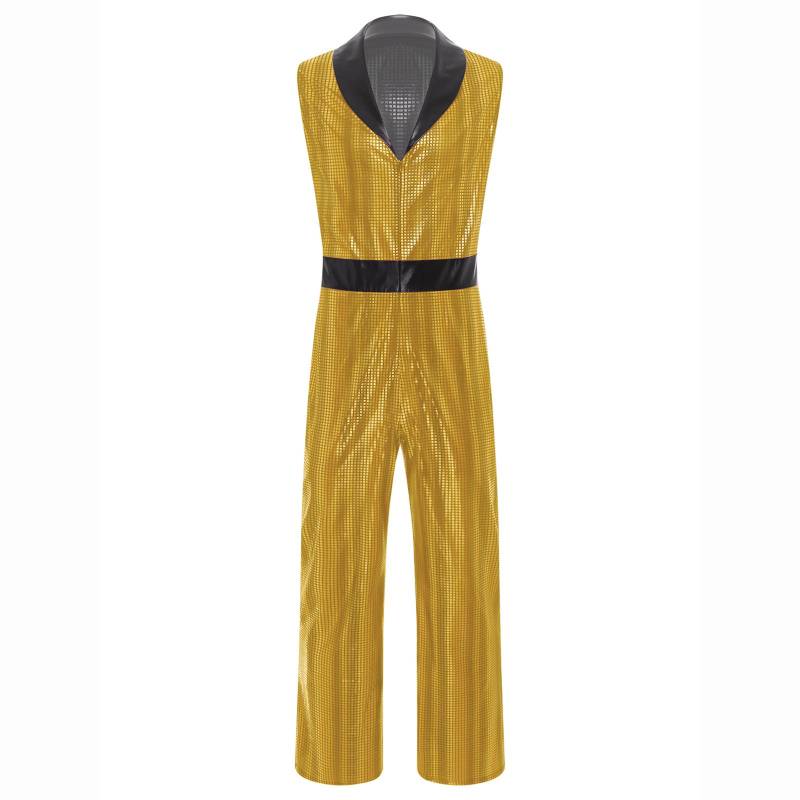 Herren Retro 1920er Disco Jumpsuit Revers V-Ausschnitt Ärmellos Weites Bein Metallic Glänzend Overall für Club M gold von Joom DACH