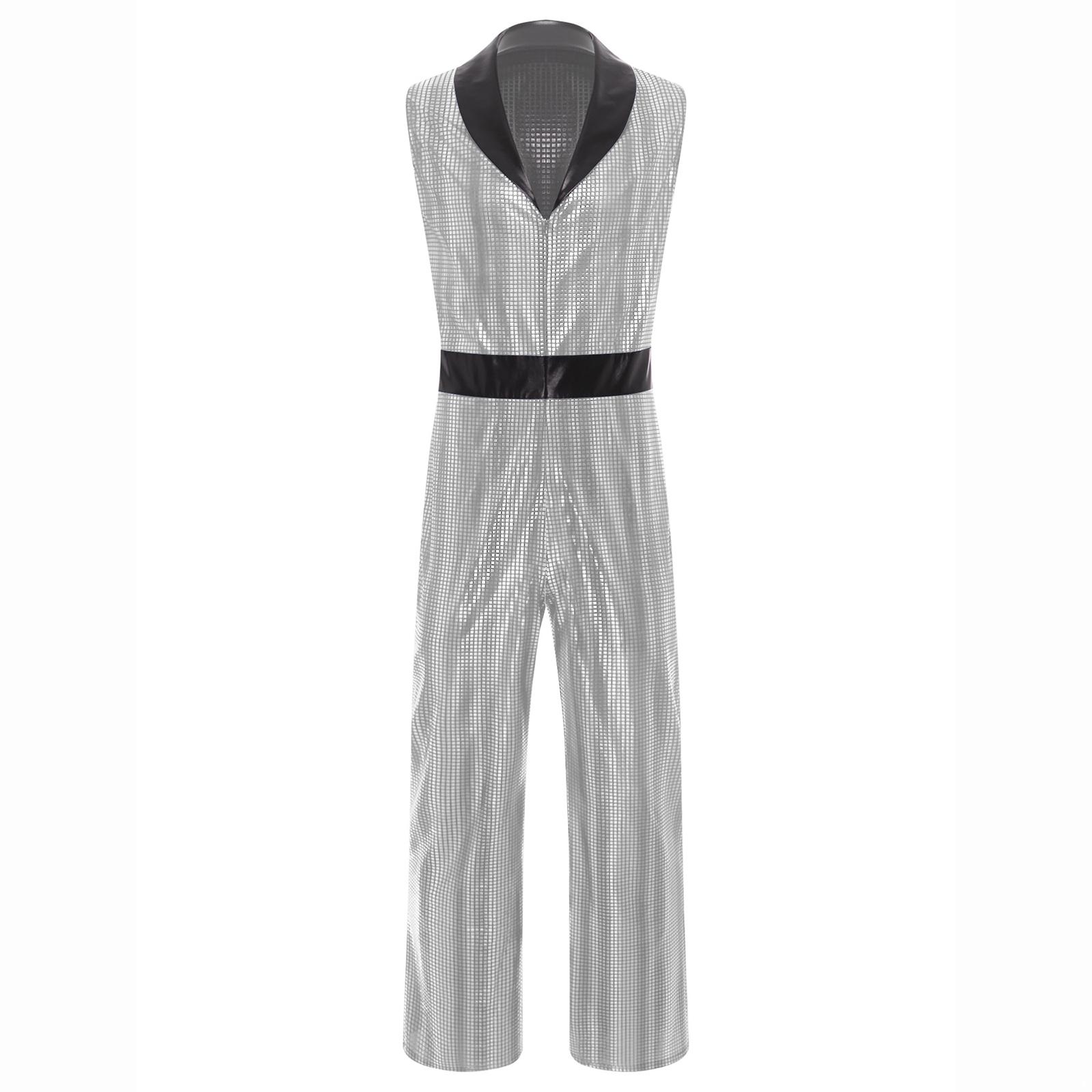 Herren Retro 1920er Disco Jumpsuit Revers V-Ausschnitt Ärmellos Weites Bein Metallic Glänzend Overall für Club XL silber von Joom DACH