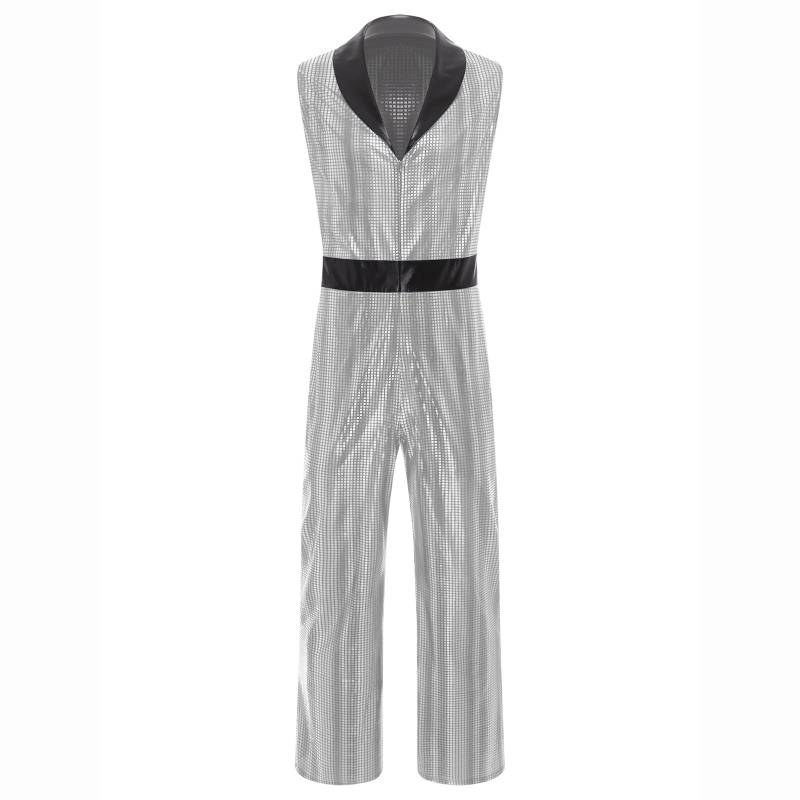Herren Retro 1920er Disco Jumpsuit Revers V-Ausschnitt Ärmellos Weites Bein Metallic Glänzend Overall für Club XL silber von Joom DACH