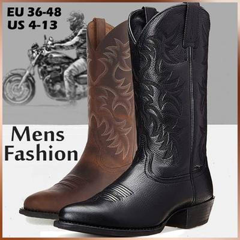Herren Retro Distressed Westernstiefel Leder Cowboystiefel Stickerei Hohe Stiefel Klobiger Absatz Spitzschuh Ritterstiefel Botas Masculinas 10 braun von Joom DACH