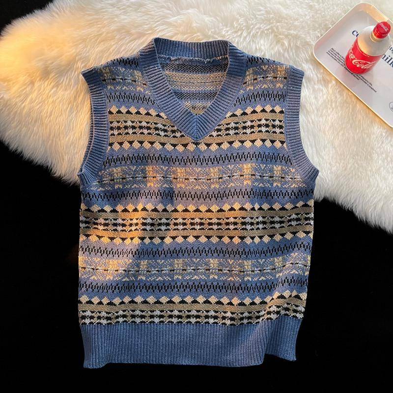 Herren Retro V-Ausschnitt Strickweste - Japanischer Frühlingsstil, Lockere Passform M blau von Joom DACH