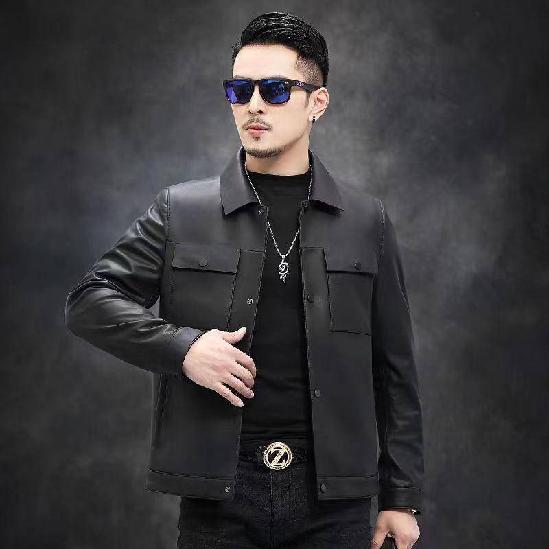 Herren Revers Dicker Warmer Knopf Ledermantel Simulation Leder Herbst Winter Daunen Lederjacke 4XL von Joom DACH