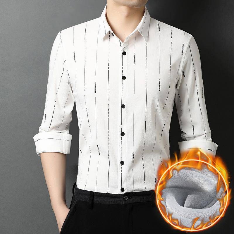 Herren Samthemd Frühling, Herbst und Winter Neu Gestreiftes Inch-Hemd Papa Mittelalte Männer Langärmliges Verdicktes Strickjackenhemd 3XL von Joom DACH