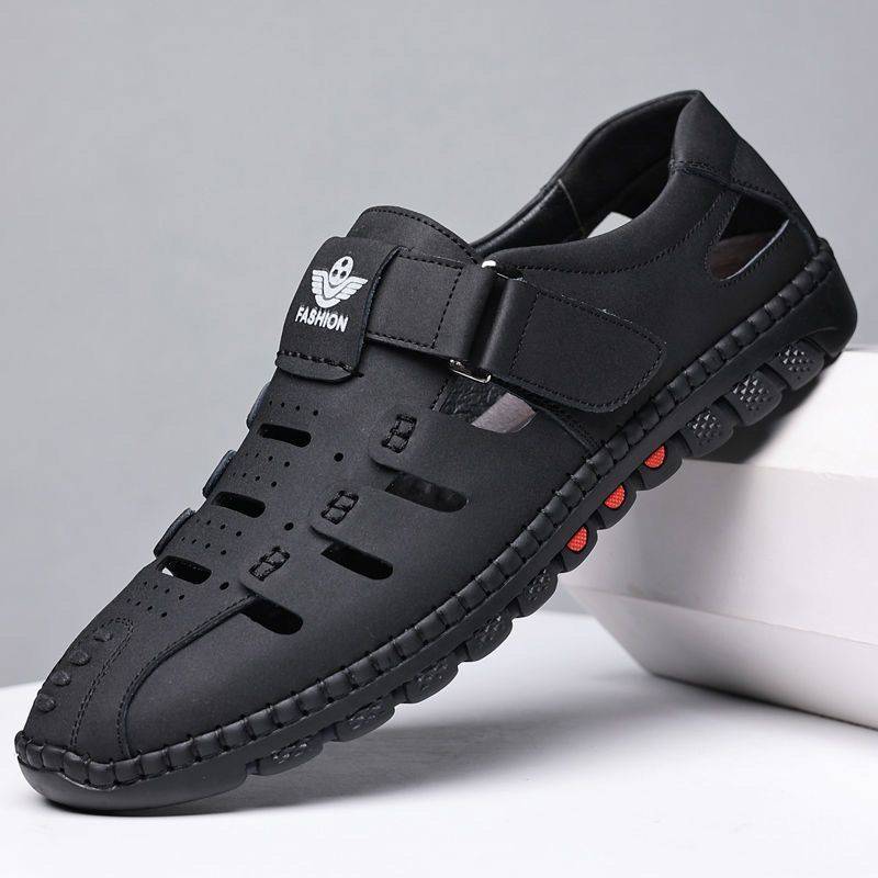 Herren Sandalen Leder Sommer Atmungsaktiv Freizeit Schuhe für Mann Slipper Clogs Outdoor Wanderschuhe Rutschfest Handgefertigt Sandalias 39 schwarz von Joom DACH